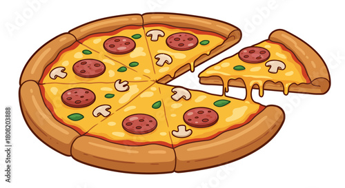 A delicious cartoon pizza, generously topped with pepperoni, mushrooms, and melted cheese, has one slice lifted away, perfect for a fun design.