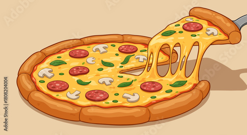A mouth-watering cartoon vector illustration of a whole pizza with pepperoni, mushrooms, and basil, as a cheesy slice is lifted from the pie.