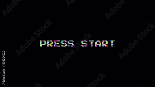 Press Start Glitch Text Animation, Retro Arcade Gaming Screen, Digital Corruption Effect Loop