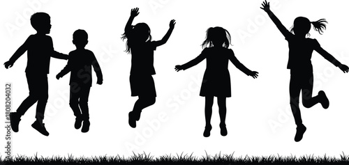 Silhouette vector illustration of happy children jumping and playing on grassy field, outdoor fun concept, childhood joy, friendship, and freedom activity design