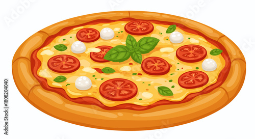 Delicious pizza vector illustration featuring fresh tomatoes, mozzarella, and basil, perfect for restaurant menus, food blogs, and culinary designs, isolated on white.