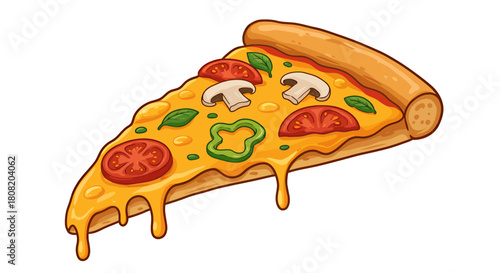 A delicious, freshly baked pizza slice, complete with melted cheese, vibrant toppings, and a golden crust, presented on a clean white background, perfect for culinary projects.