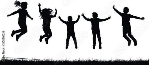 Silhouette vector illustration of happy children jumping together on grassy field, outdoor fun, freedom and joy concept, playful childhood activity design