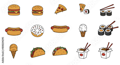 Vector illustration depicting a delicious assortment of fast food icons, including burgers, pizza slices, sushi rolls, hot dogs, tacos, and ice cream cones on white.