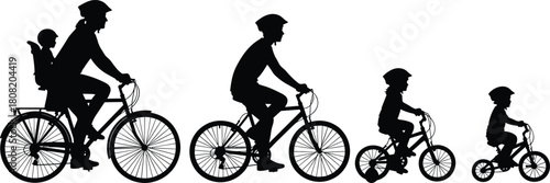 Family bicycle riding silhouettes, including parents with child seat and young kids on small bikes, depicting healthy active lifestyle, travel, and outdoor sport vector illustration.