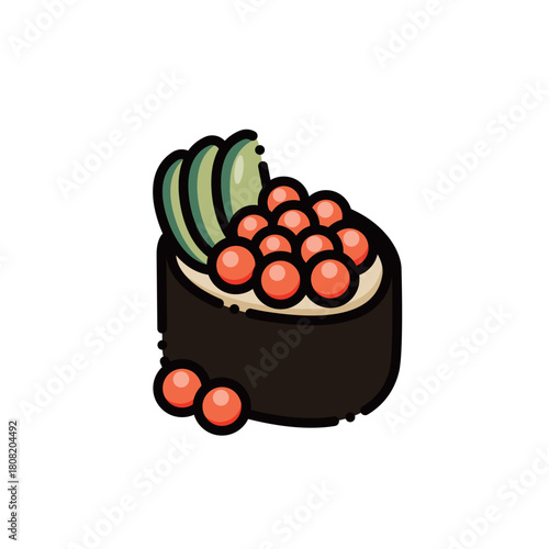 A luxurious salmon roe gunkan with big orange ikura & cucumber. Perfect for sushi or premium food designs. Editable & scalable.