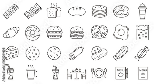 A vector illustration showcases a variety of food icons, from savory bacon and burgers to sweet donuts and pizza, all in a clean, minimalist outline style.