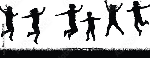 Silhouette vector illustration of joyful children jumping and playing on grassy field, outdoor happiness concept, childhood freedom and fun activity design