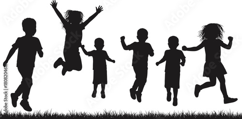 Silhouette vector illustration of happy children playing and jumping on grass field, childhood activity concept, outdoor fun and freedom design