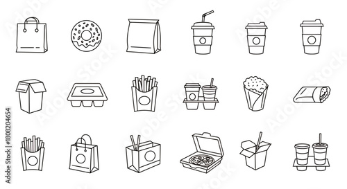 A comprehensive collection of hand-drawn vector line icons depicting various fast food, takeout, and delivery items, perfect for modern design projects.