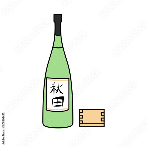 秋田の日本酒瓶と枡を組み合わせた和風のイラストをシンプルな線で描いたデザイン｜伝統的な酒文化をやさしいタッチで表現し素材として扱いやすい構図
