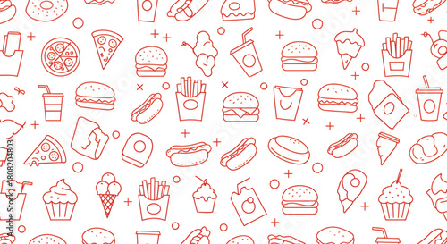 This vibrant seamless pattern features a delightful assortment of popular fast food items, including pizza, burgers, and fries, in a clean outline vector style.