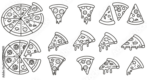 A collection of vector pizza illustrations, featuring whole pizzas and individual slices with various toppings, perfect for food-related design projects and culinary themes.