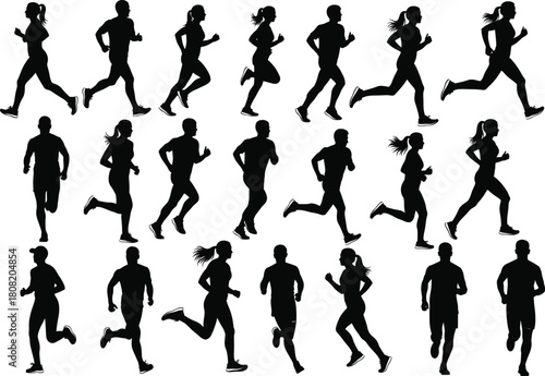 Silhouette vector illustration of people running in different poses, jogging and exercising athletes collection, fitness training, marathon runners, active lifestyle concept