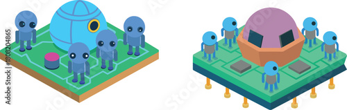 Tiny futuristic colony built on an electronic circuit board, showcasing miniature buildings, glowing tech details, and sci-fi settlement vibes in a clean, high-tech creative concept illustration.