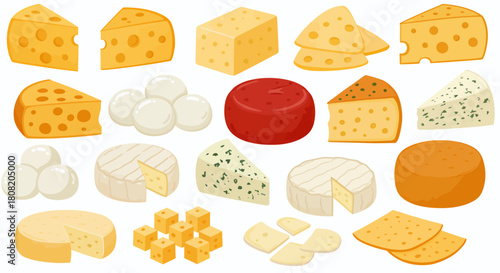 A vibrant collection of various delicious cheese types, including blocks, wedges, and rounds, presented in a clean vector style on a white background.