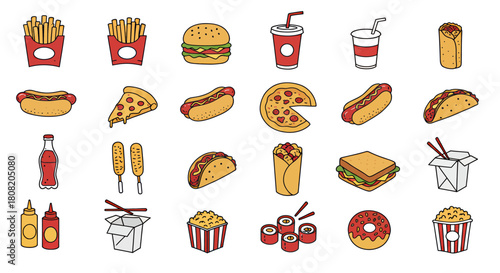 A vibrant vector illustration showcases a delicious assortment of fast food items, perfect for menus, advertisements, and culinary-themed design projects in a colorful and appealing style.