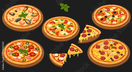 A collection of appetizing pizza illustrations in a vector format, showcasing various toppings and styles, perfect for culinary and food-related design projects.