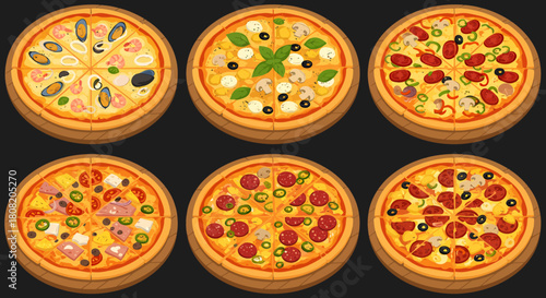 A delightful collection of six various delicious vector pizzas, each with unique toppings, presented as a vibrant and appetizing graphic resource.