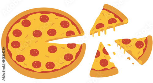 A vector illustration depicts a delicious pepperoni pizza with several slices cut and separated, showcasing the cheesy, savory goodness in a flat design style.