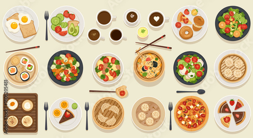 A vibrant top-down vector illustration showcasing a diverse culinary collection of various delicious meals, snacks, and beverages neatly arranged on a light background.