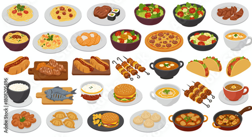 An extensive and vibrant collection of diverse, delicious international food dishes and meals, rendered in a clean, isolated vector style.