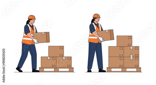 Worker lifting a cardboard box from a pallet, demonstrating proper lifting technique.