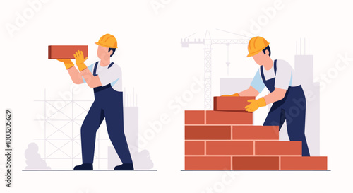 Two illustrations showing a construction worker building a brick wall.