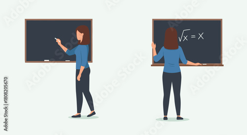 Two illustrations of a woman writing on a blackboard with mathematical equations.