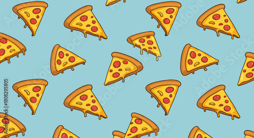 Seamless pattern featuring stylized pizza slices with pepperoni, cheese, and crust on a light blue backdrop, ideal for food-related designs and backgrounds.