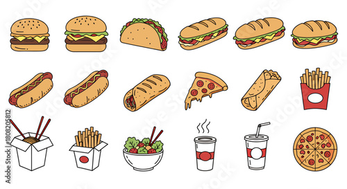 A vibrant vector illustration showcases a diverse collection of fast food favorites, including pizza, burgers, tacos, and more, perfect for restaurant menus and food-related designs.