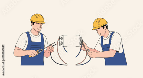 Two electricians in overalls and hard hats work on electrical wiring, using tools to connect wires.