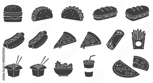A vector illustration showcases a variety of fast food icons, including pizza slices, burgers, tacos, and more, rendered in a clean, minimalist style for diverse applications.