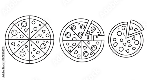 A vector illustration showcases three pizzas, each cut into slices, with varying amounts of slices missing, perfect for menus, websites, and culinary designs.