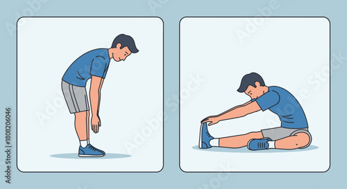 Two illustrations show a man stretching his back and legs with forward bends.