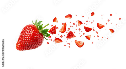 Juicy red strawberry exploding into vibrant, refreshing pieces, captured in dynamic motion on a crisp white backdrop, symbolizing natural goodness, health, and delightful flavor