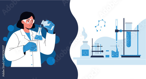Illustration of a female scientist pouring liquid into a flask in a lab setting with various scientific equipment.