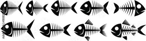 Fish Skeleton and Bones Vector Silhouette Set; Various Types of Fish Fossils, Rib Cage, Skull, and Spine Icons for Biology and Restaurant Design