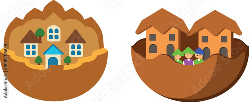 Tiny miniature village hidden inside a cracked walnut shell, detailed fantasy concept design featuring small houses, natural textures, and whimsical storytelling in a surreal tiny-world scene.