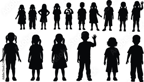 Silhouette vector illustration of standing children, boys and girls waving hands, playing, and posing together, symbolizing friendship, childhood innocence, and happy family concept
