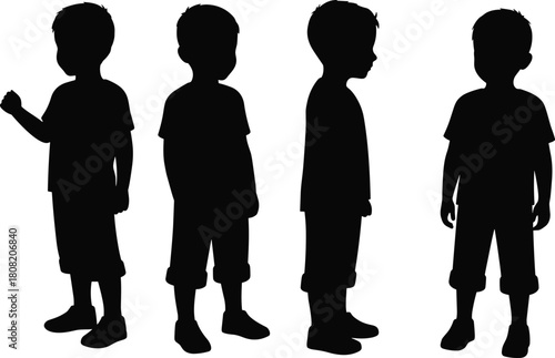 Silhouette vector illustration of young boys standing in different poses, children figures concept, childhood growth, education, innocence and simple lifestyle design