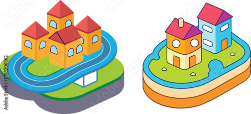 A whimsical tiny town rising from a stacked pile of books, featuring winding roads, miniature houses, and playful fantasy details in a creative storybook-style illustration