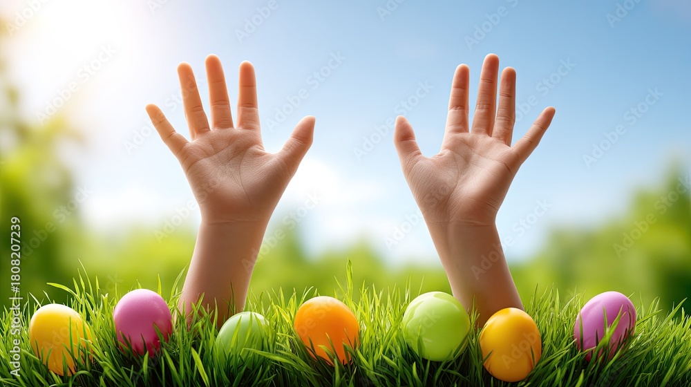 Fototapeta premium Hands Raised in Joy Among Colorful Easter Eggs in Lush Green Grass Under Bright Blue Sky with Sunlight Glowing in the Background