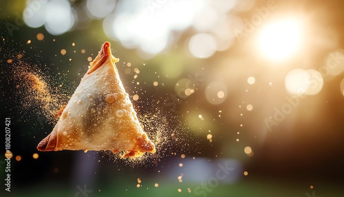 Fototapeta Naklejka Na Ścianę i Meble -  A crispy samosa flipping in mid-air with spice dust, backlit by golden hour sunlight.