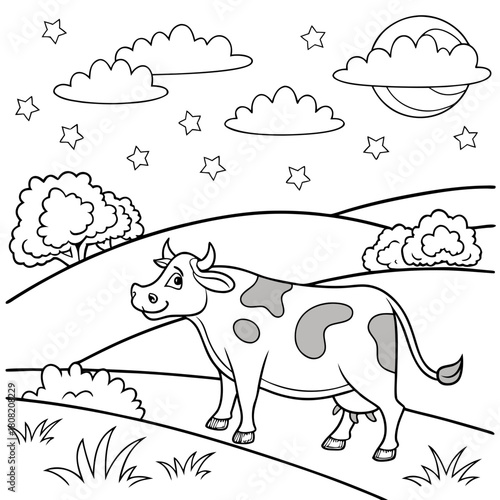 A charming cow grazes under a starlit sky, isolated on