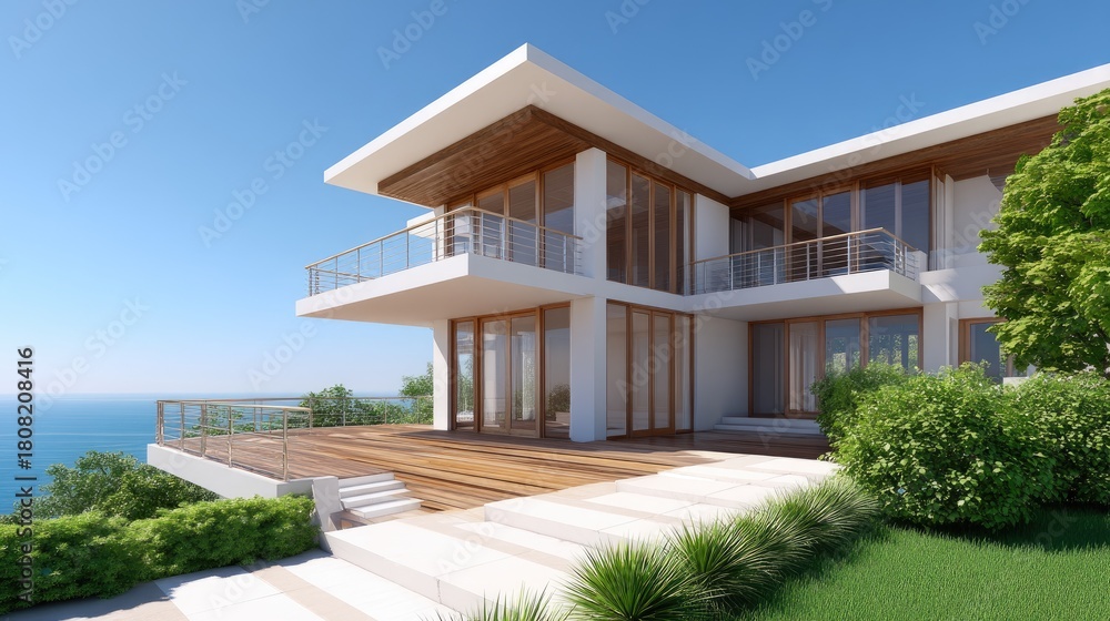 Obraz premium Modern beachfront home with expansive wooden deck and large glass windows overlooking tranquil blue ocean and lush greenery under bright clear sky