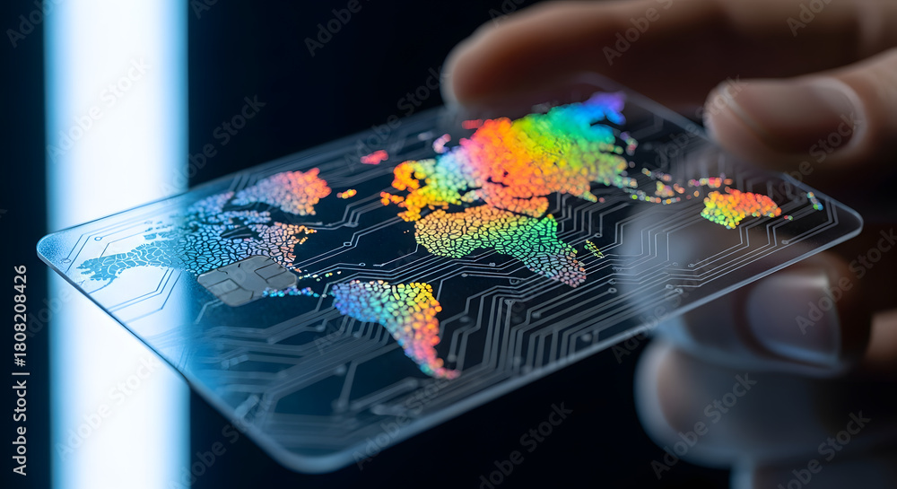 Fototapeta premium Global Finance: Hand Holding Rainbow World Map Credit Card Close-up