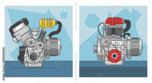 Two illustrations of go-kart engines, one with yellow fuel tank and the other with red details.