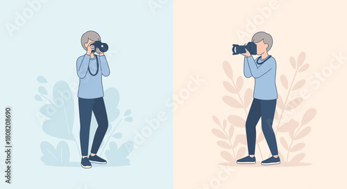 Two illustrations show a person holding a camera, taking a picture against a backdrop of foliage.