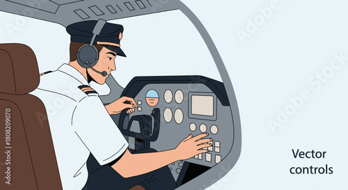 Pilot in cockpit operating controls, wearing headset and uniform.